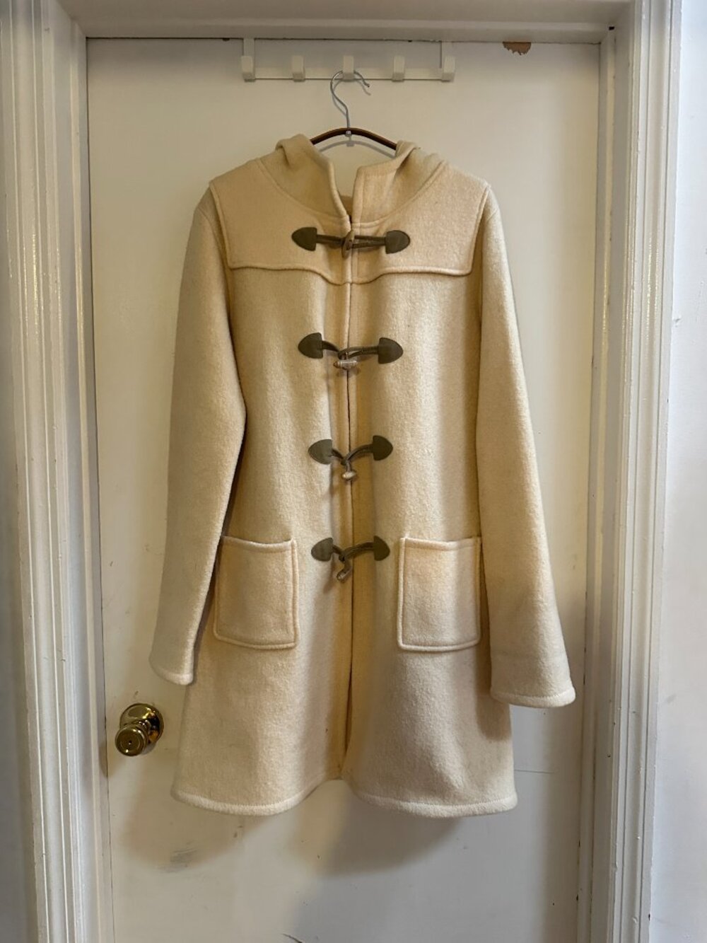Theory Cream Wool Hooded Duffle Coat, Size L
